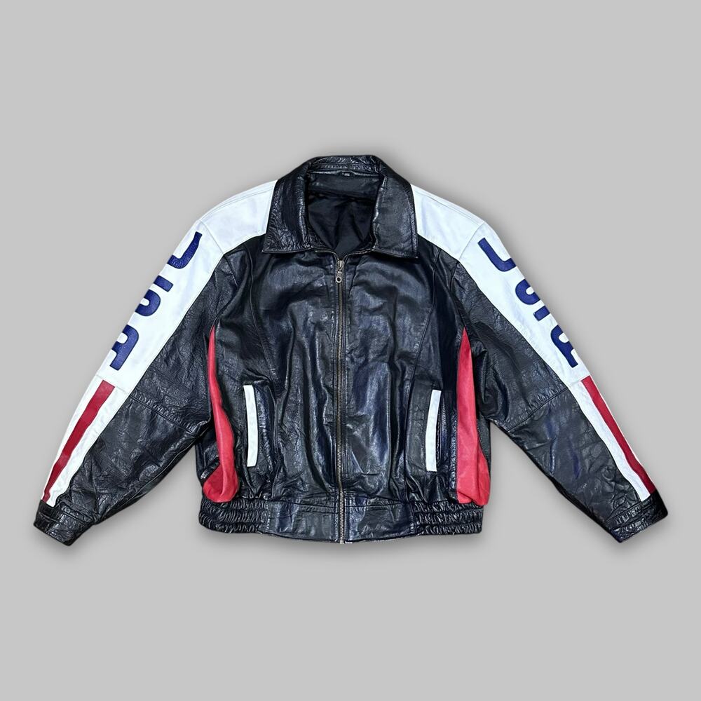 Vintage Leather King USA Flag Black Leather Motorcycle Jacket – Large